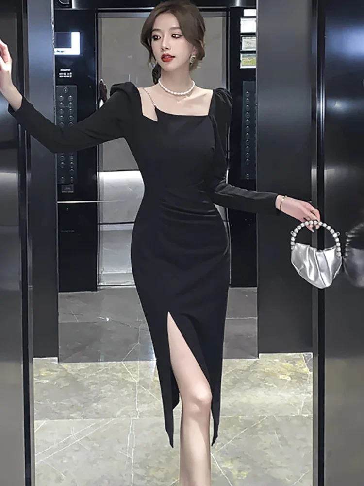 Autumn Winter Purple Long Sleeve Bodycon Prom Dress Women Solid Elegant Chain Square Collar Dress 2026 Korean Luxury Party Dress