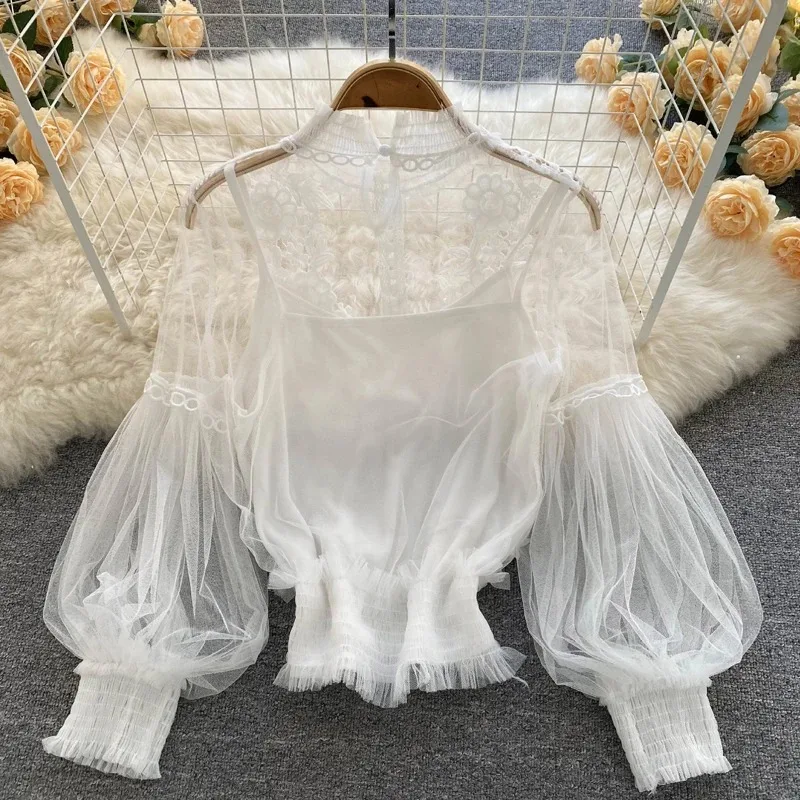 Elegant Mesh Lace Embroidery Women Blouse Lantern Sleeve See Through Sexy Shirt Women Vinatge Lady Slim Tops with Lining 25914