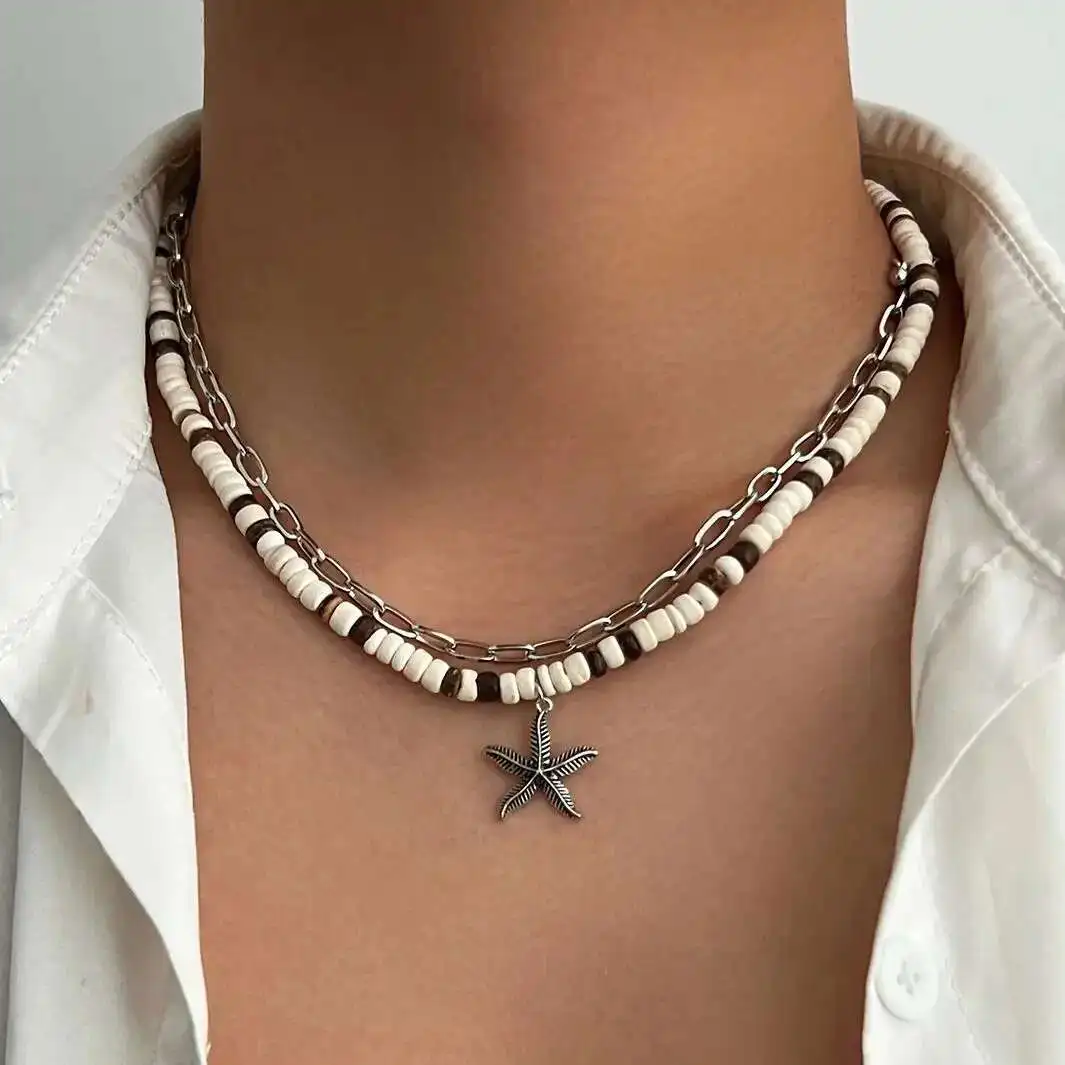 Ingemark 2Pcs/Set Trendy Creative Coconut Husk Starfish Pendant Necklace For Men Punk Hip Hop Clavicle Chain Jewelry Accessories