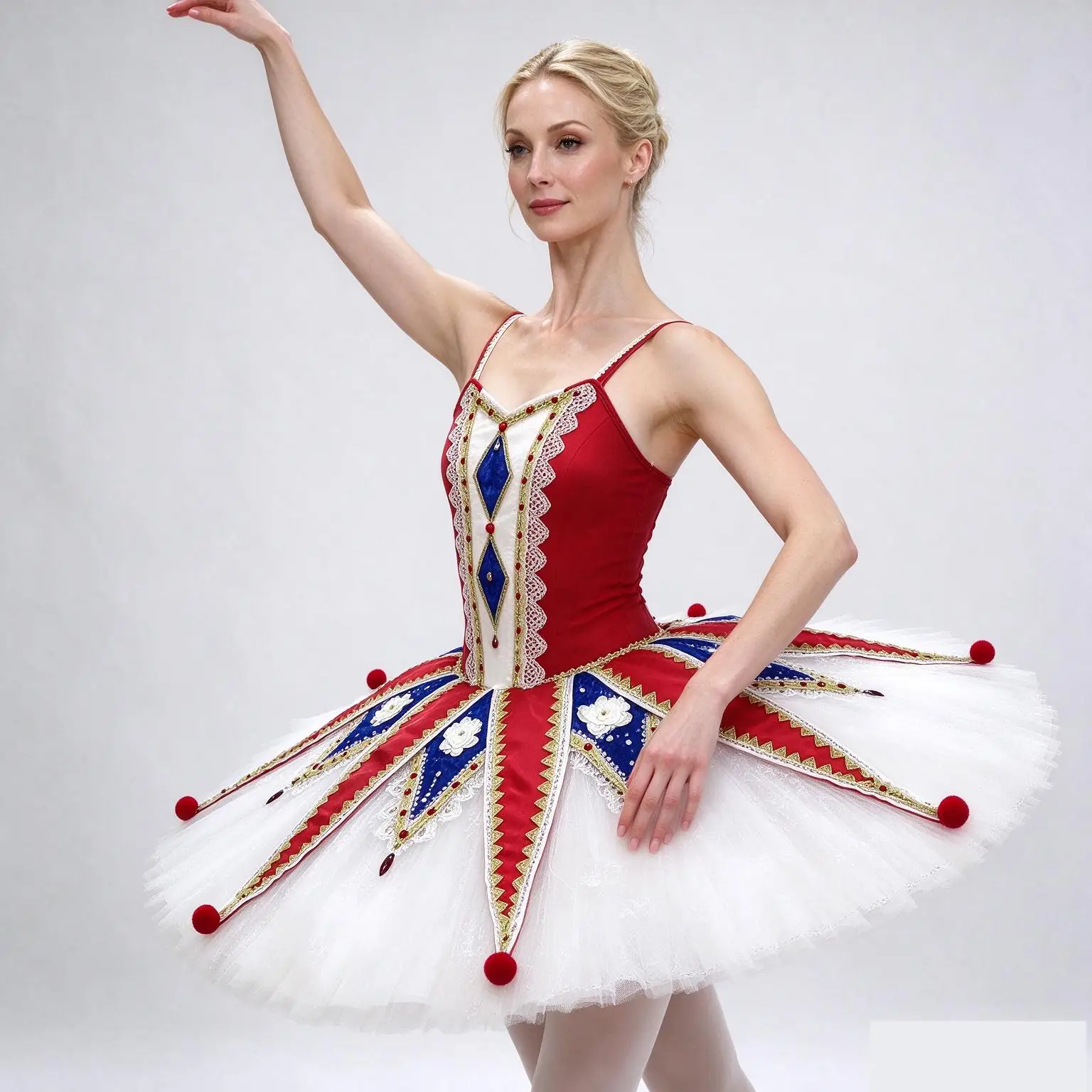 Women Harlequinade Pancake Tutu Dress Red White Blue Professional Ballet Costume Nutcracker Stage Competition Ballerina Outfit