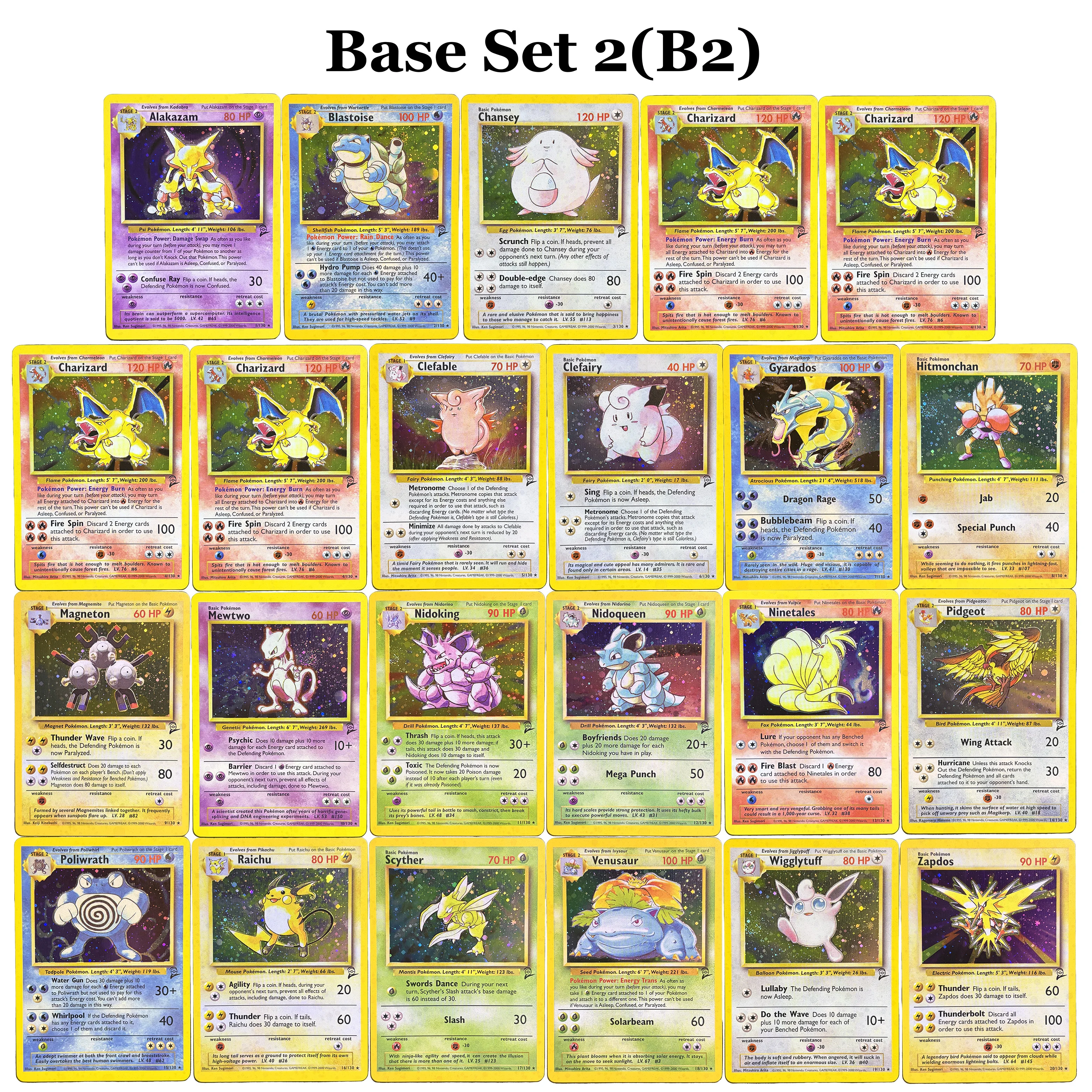 

New Holo! PKM BASE SET-2 Proxy Cards Full 20Pcs Set Charizard Blastoise Venusaur Mewtwo 1999 WOTC Yellow Border Game Card Gifts