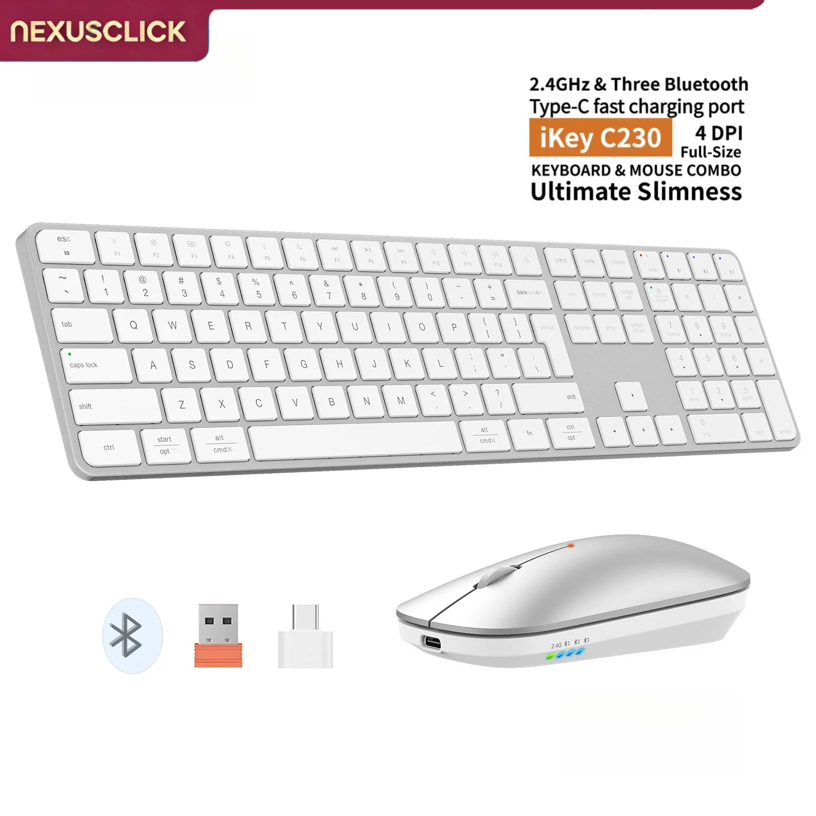 NexusClick Rechargeable Wireless Keyboard Mouse Combo,4-Channel 2.4G/BT,Slim Quiet Keys,Adjustable DPI for PC Laptop Mac Office