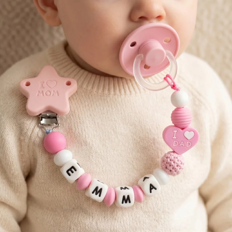 Personalized Baby Pacifier Clip Custom Name Dummy Chain Silicone Teether Holder BPA Free I Love Mom Newborn Shower Gift