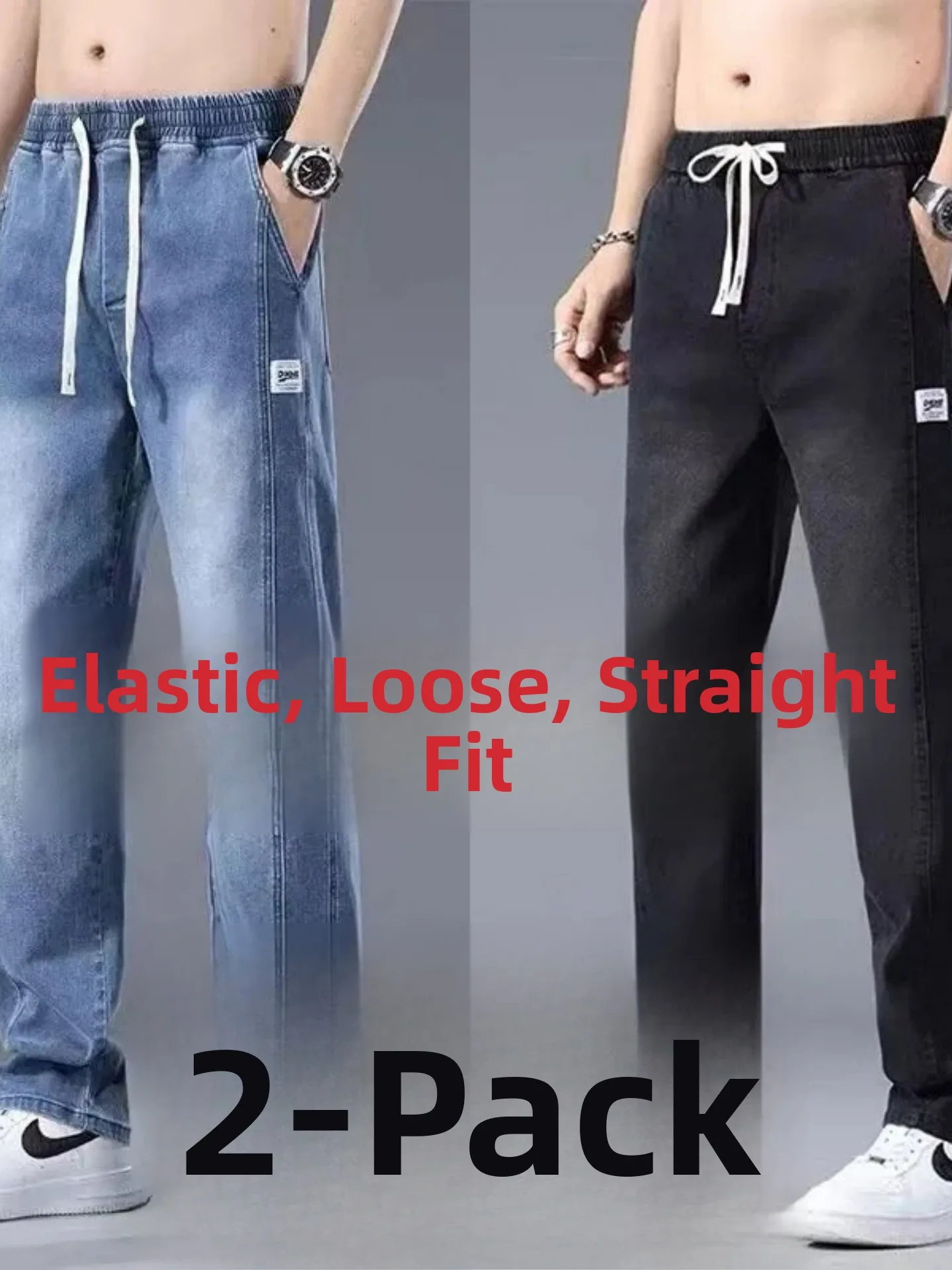 

Elastic Waist Men's Jeans Spring Summer Thin Wide Straight Casual Pants Workwear Long Son Cotton Stretch Denim Casual Fit