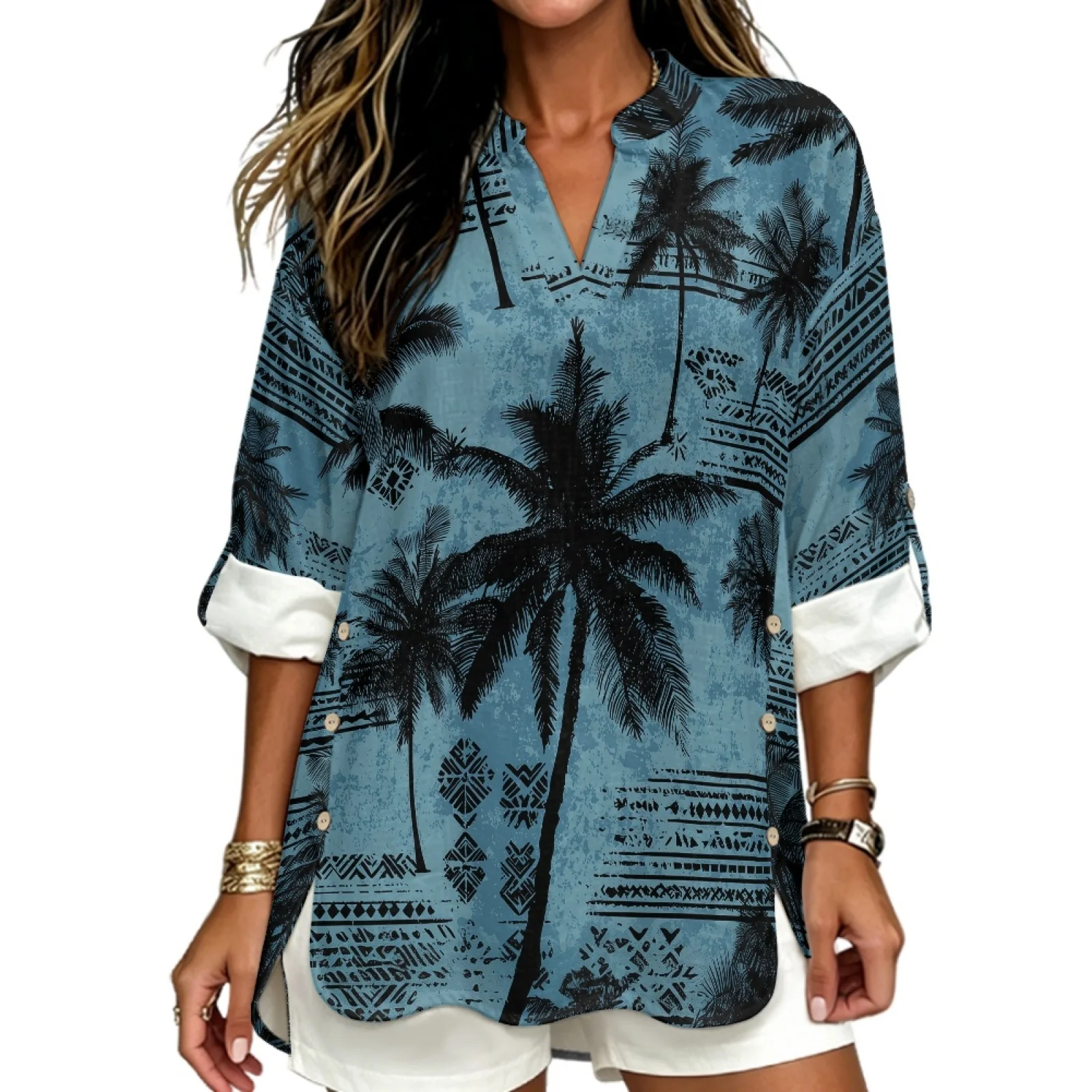 PENSTROLL Blue Palm Tree Pattern Linen Like Tunic Top Roll Up Long Sleeve Casual Loose Fit Blouses for Ladies Sizes S-5XL
