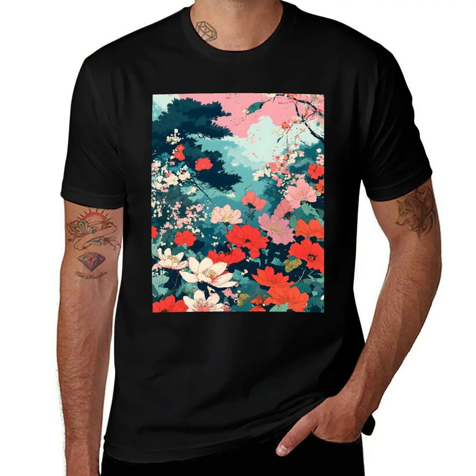 

Ukiyo-e Moderna: Floral Fusion T-Shirt summer tops shirts graphic tees anime tshirt Louboutins shirts men graphic