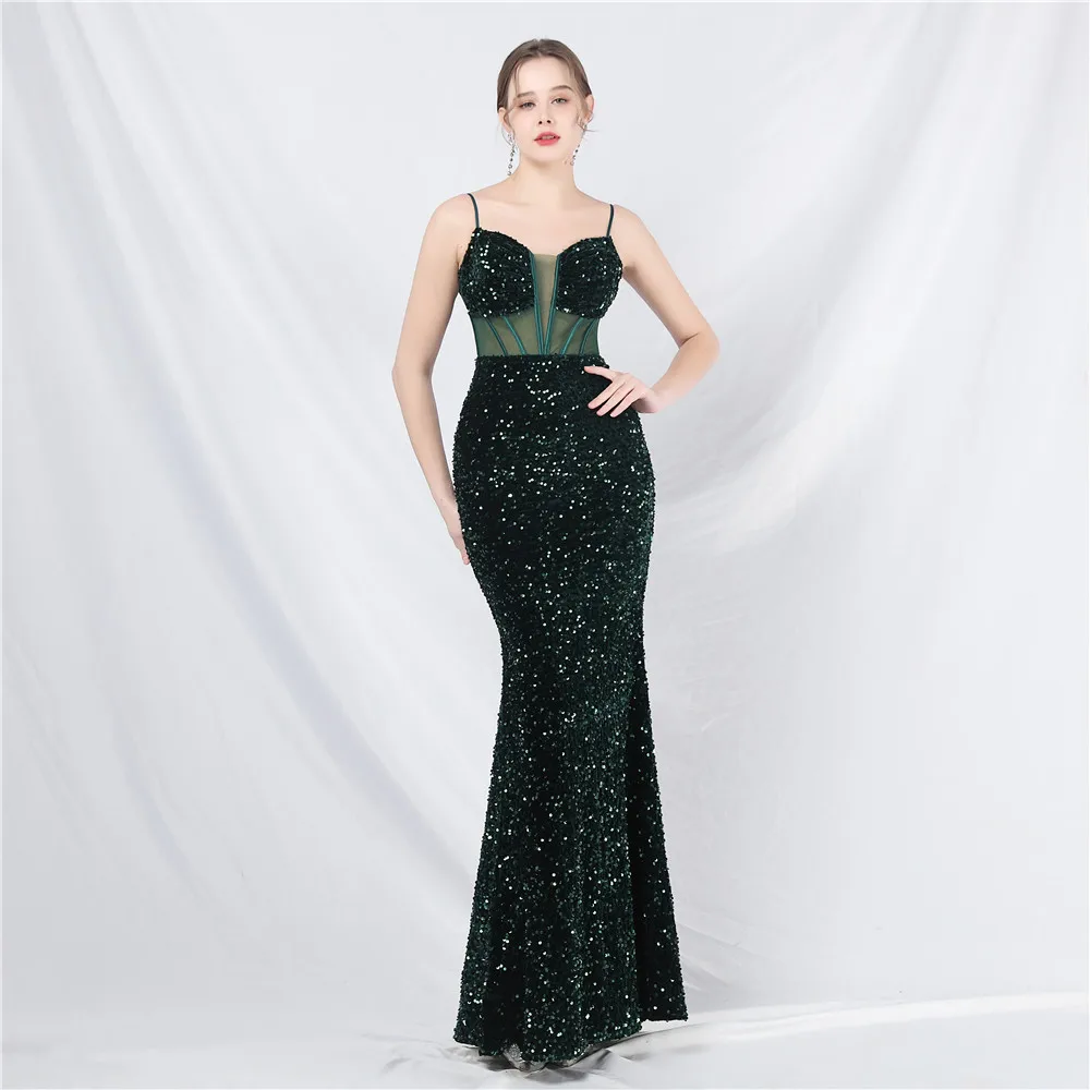 Sequin Mermaid Long Evening Dress Sexy Spaghetti Strap See-through Backless Lace-up Maxi Dress Banquet Wedding Party Prom Gown