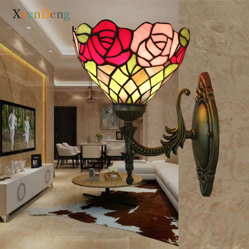 

Tiffany Rose Glass Wall Lamp Bedroom Corridor Living Room Wall Decor Iron LED Wall Light Outdoor Lighting Kitchen Bathroom Light