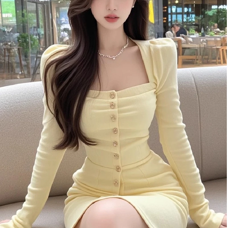 우아한 긴소매 스퀘어 칼라 싱글 버튼 드레스 여성 고급 슬리밍 하이웨이스트 A라인 스커트 폴리에스터 섬유 가을 겨울