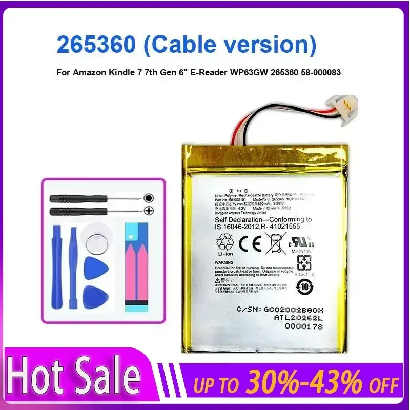

Tablet Battery 890mAh For Amazon Kindle 7 7th Gen 6" E-Reader WP63GW 265360 58-000083 58-000151 265360 (Cable version) bateria