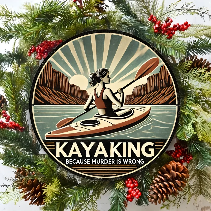 1 Stück Vintage Kajak-Abenteuer 20,3 x 20,3 cm Metall-Wandkunst – „Kajak-König, weil Mord falsch“ Blechschild mit festlichem Weihnachtskranz D