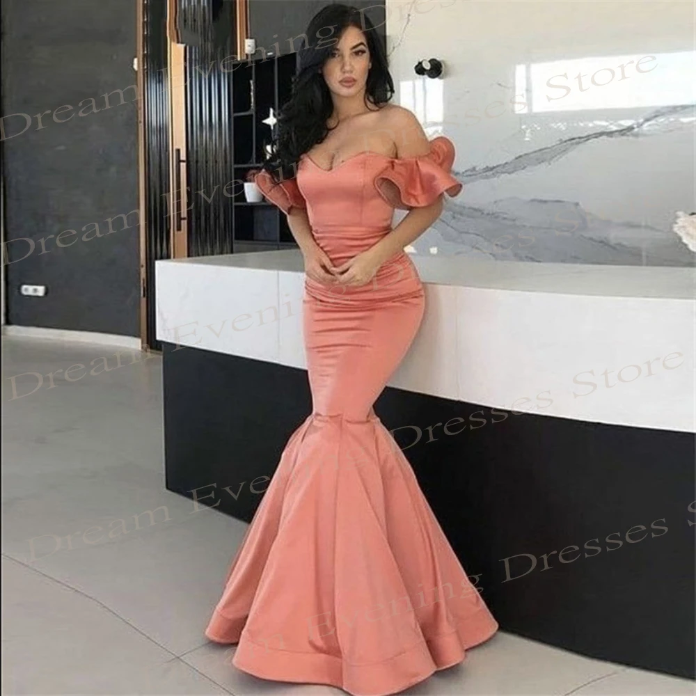 

Sexy Pink Satin Mermaid Charming Evening Dresses Classic Off The Shoulder Sweetheart Prom Gowns New Vestidos De Noche Elegantes