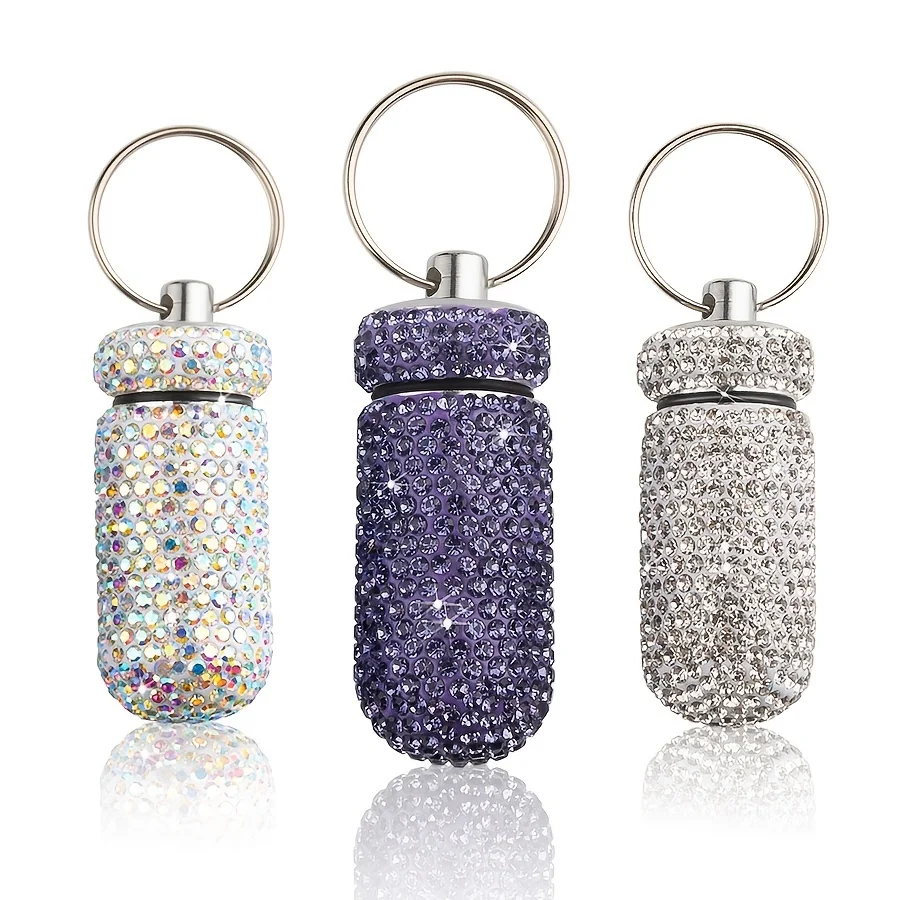 XUQIAN Portable Bling Keychain Pill Box  Small Travel Pill Case Organizer Outdoor Waterproof Crystal Pill Container