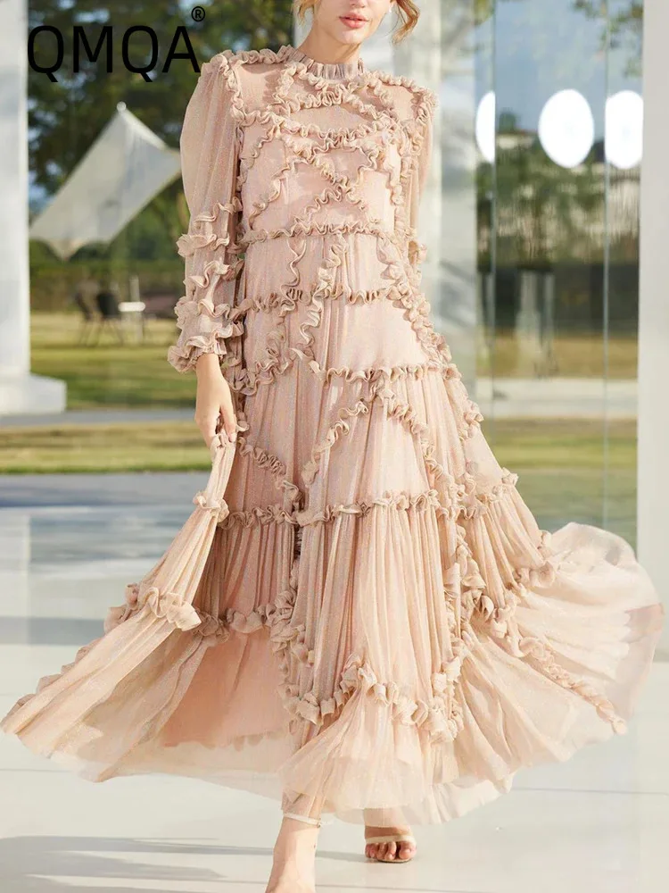 QMQA Fashion Women's Elegant Dresses Solid Sequined Spliced Round Neck High Waist Long Sleeve Maxi Dress New Clothing 1A202