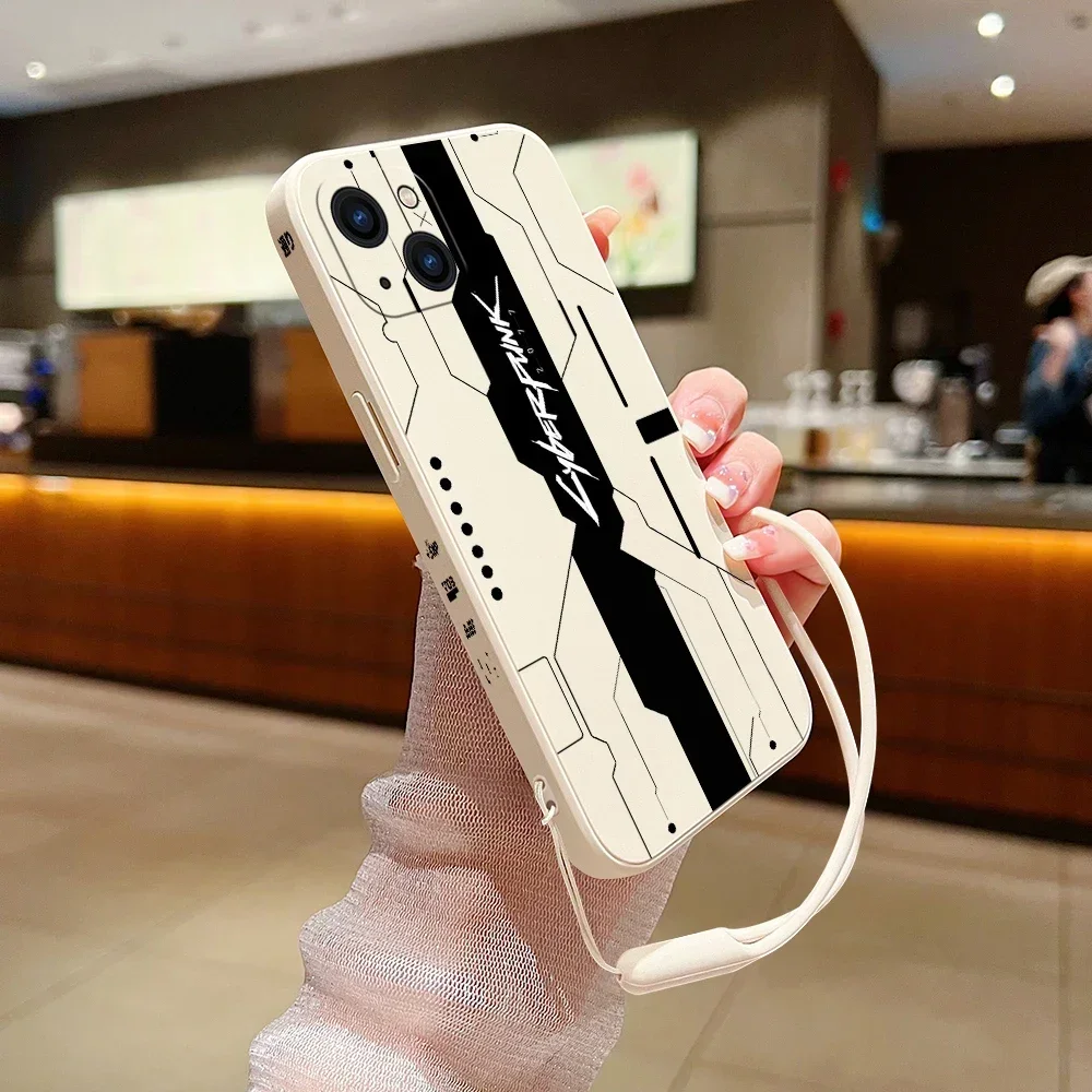 Cool Phone Case C-Cyberpunks For iPhone 15 14 13 12 11 Pro Max Mini X XR XS MAX SE 6 6S 8 7 Plus  Silicone Cases with Hand Strap