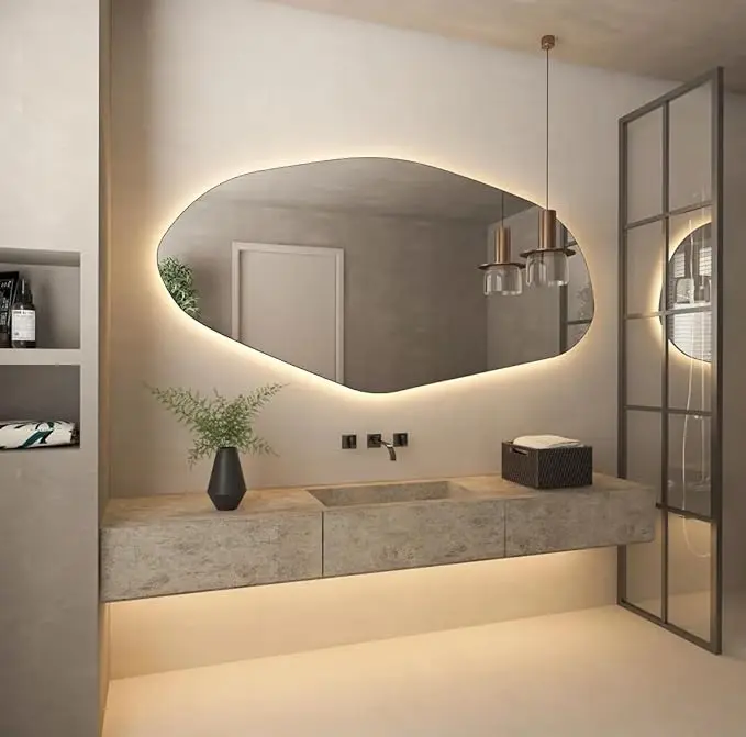 Smart Sensor LED Bathroom Mirror 3 Colors Dimmable Frameless Irregular Wall Mounted Makeup Mirror With Light