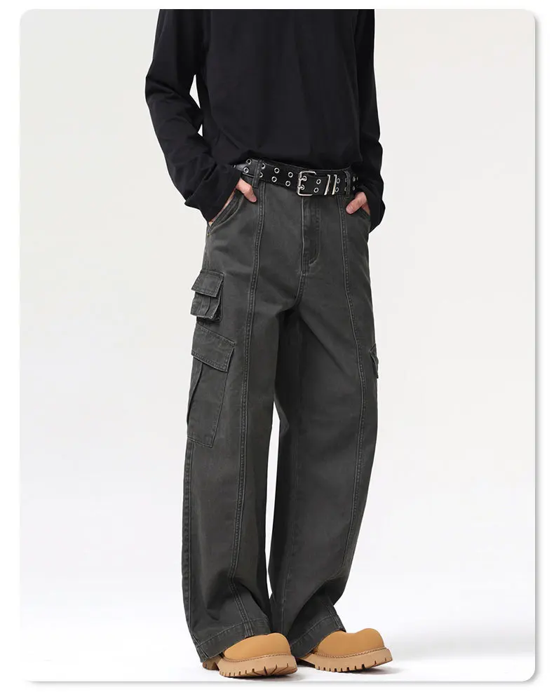 Vintage New Fashion American Style Men Solid Color Loose Multi Pockets Simple Daily Casual Cargo Trousers Male Pants Clothes