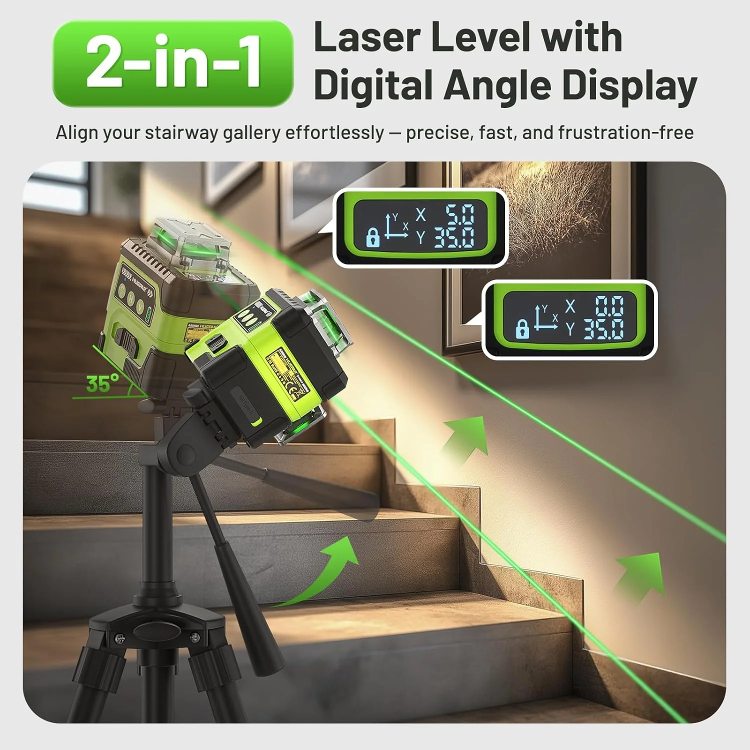 Huepar 3D Laser Level 12 linii Samopoziomujący cyfrowy ekran kątowy o wysokiej jasności z akumulatorem litowo-jonowym 4000 mAh Y03CG