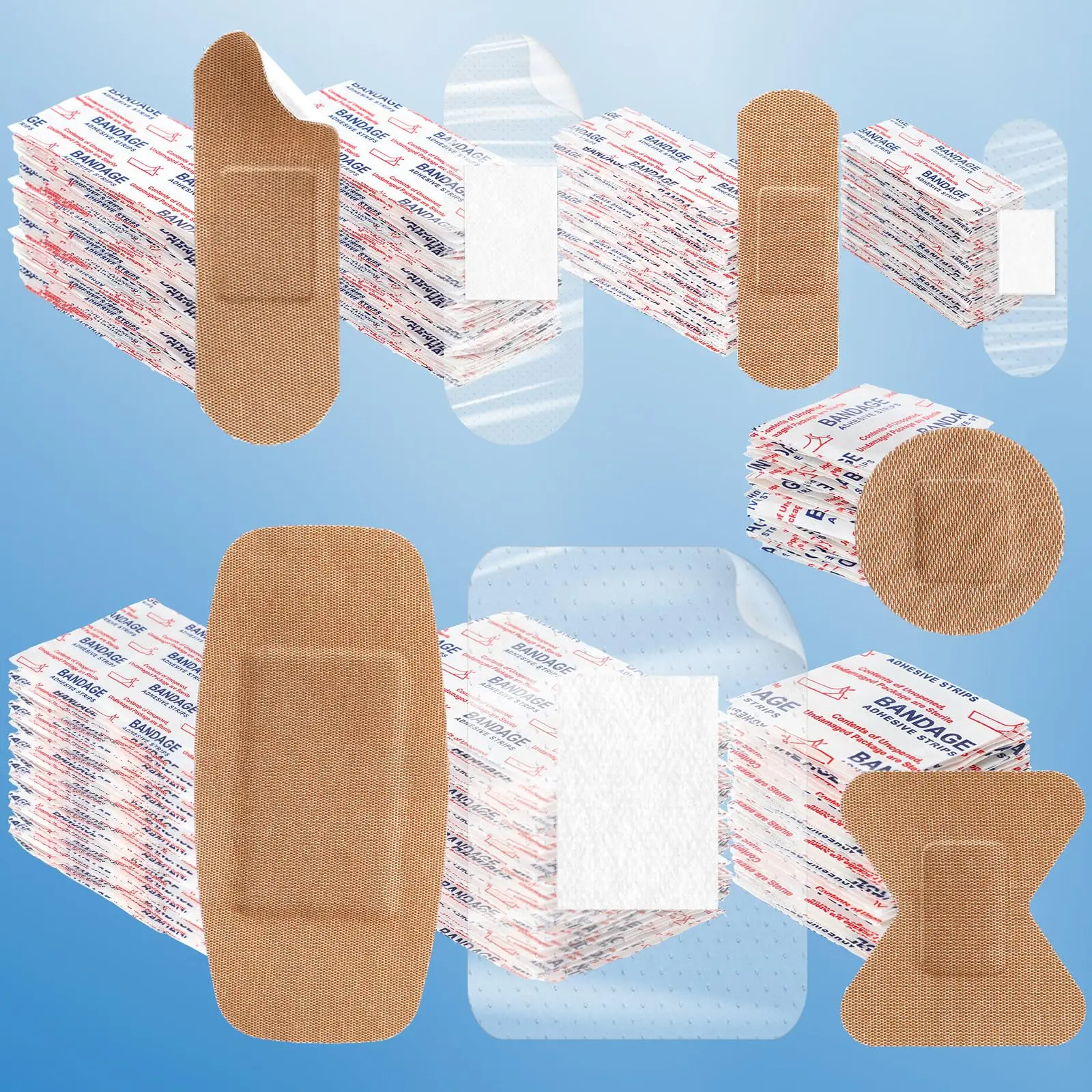 100Pcs Mixed 8 Styles Elastic Fabric & PE Transparent Bandages Set Breathable Adhesive Wound Patches for Home First Aid Minor Cu
