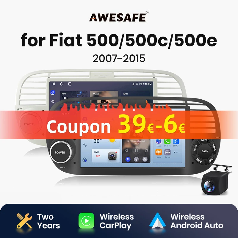 AWESAFE Wireless CarPlay Android Auto Radio for FIAT 500 Abarth 2007 2008 2009 2010 2011 2012 2013 2014 2015 GPS 2din autoradio