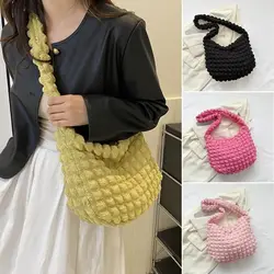 Fashion Plaid Quilted Shoulder Bag Cute Pleated Bubbles Solid Color Tote Bag Large Capacity Embroidered Satchel Bags Women