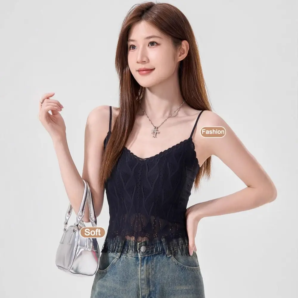 Camisola ajustada de malla de encaje con borlas, Top corto de encaje sin costuras sin mangas, chaleco con tirantes finos en V profundo con almohadillas para primavera y verano