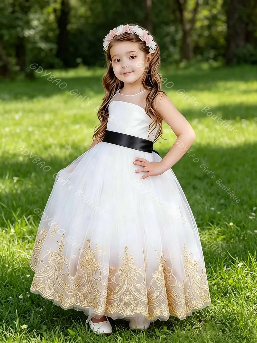 

Customized Flower Girl Dress for Wedding Kids Gold Appliqued Tulle Princess Pageant Dress with Sash Ankle-length Party Ball Gown