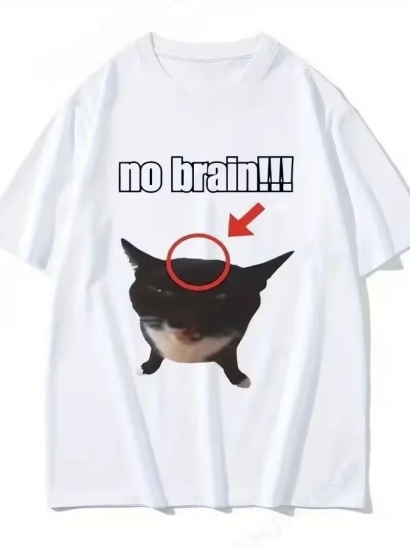Divertida camiseta retro con estampado del alfabeto de gato alienígena |   Patrón de frijol de cerezo, camiseta con diseño gráfico de gato "No Brain", camisetas unisex para uso diario