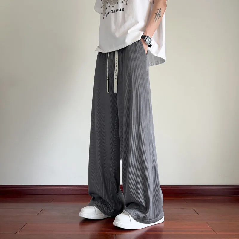 Summer Casual Pants Men Black Wide Leg Pants Men Japanese Streetwear Hip-hop Loose Ice Silk Pants Mens Trousers Plus Size 4XL