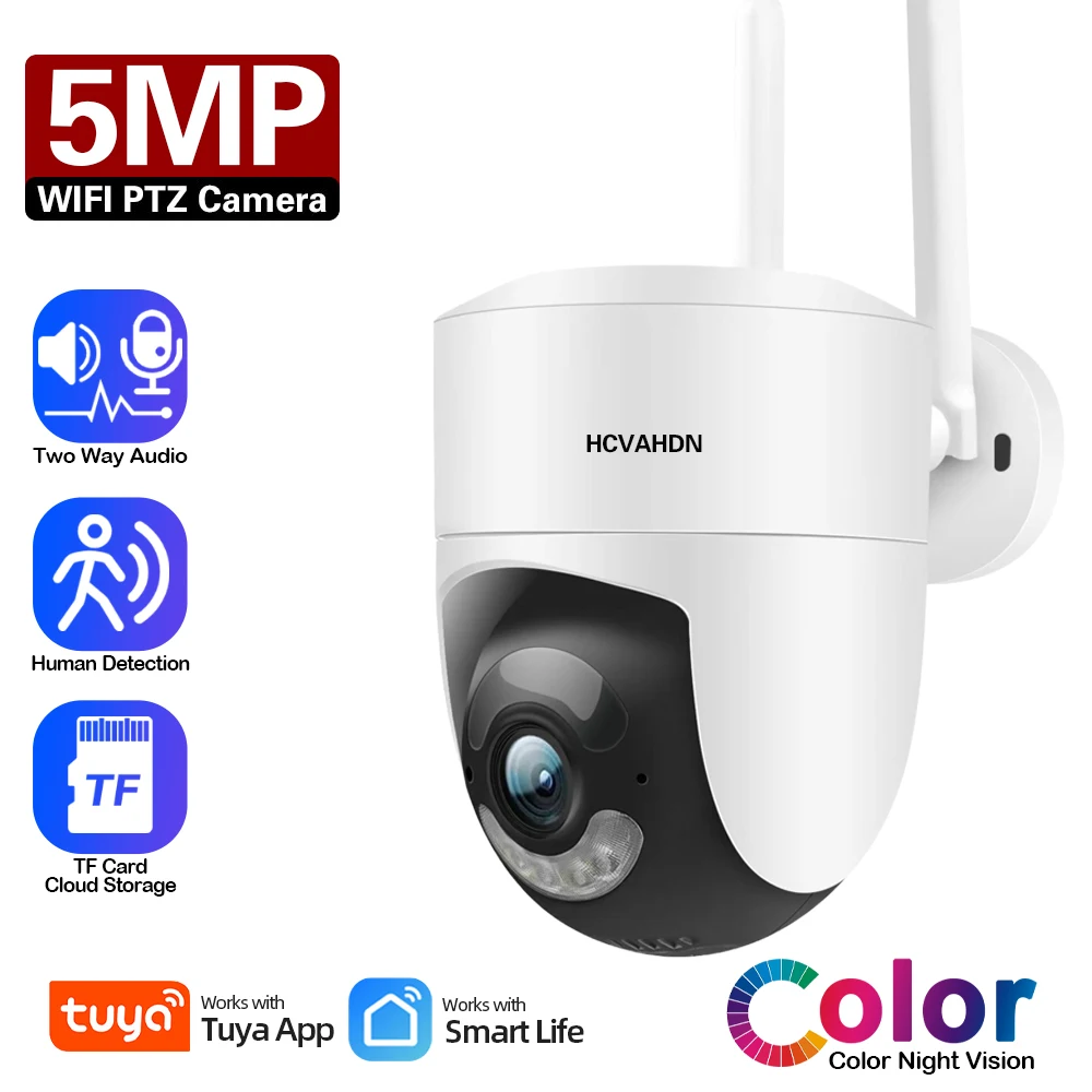 

Tuya 5MP Wi-Fi PTZ камера безопасности автоматическое отслеживание наружное цветное ночное видение беспроводная камера видеонаблюдения умная жизнь