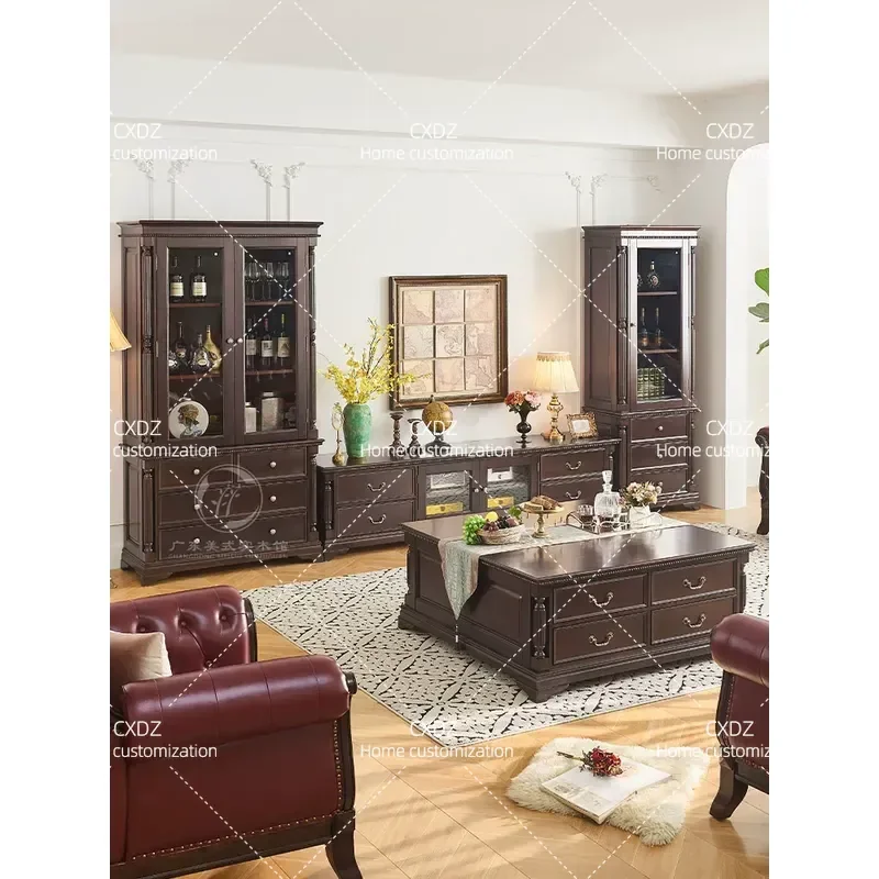 American Rural Solid Wood Coffee Table Retro Living Room Household Small Apartment 1.2m Square Coffee Table Combination