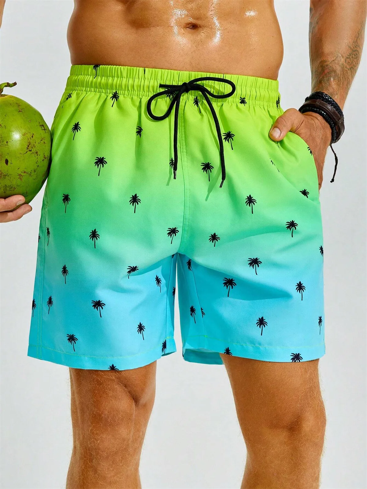 Men\'s Beach Shorts Gradient Color Block Drawstring Summer Men\'s swim Trunks Elastic Waist 3D Print  Breathable Short Streetwear