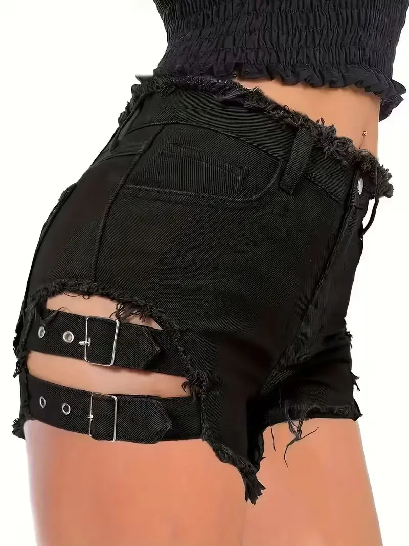 2026 New Women's Black Denim Shorts Low Waisted Frayed Hem Adjustable Buckle Straps Cutout Sexy Clubwear Party Mini Hot Pants