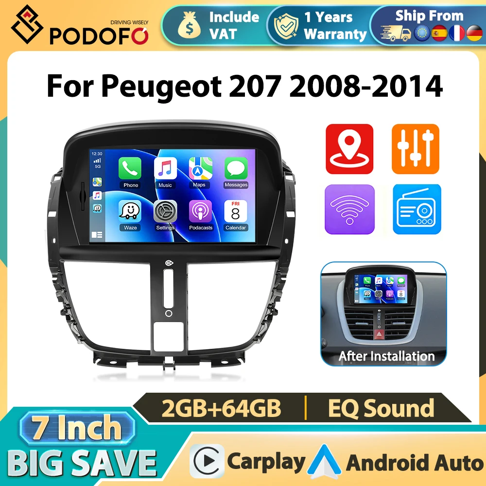 Autoradio Podofo 2Din 2+64G avec Carplay sans fil pour Peugeot 207 2008-2014, Android Auto, GPS, Navi, Mirror Link, FM, RDS