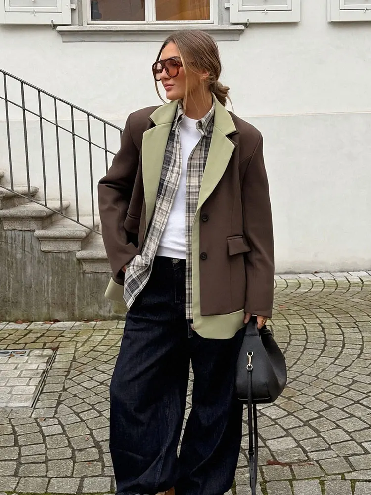 HH, chaqueta de retazos a la moda para mujer, chaqueta de traje de manga larga con una hilera de botones, tendencia de primavera y otoño, prendas de vestir elegantes para mujer de calle alta