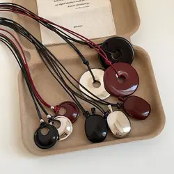 Vintage Black Leather Rope Long Necklace Silver Water Bottle Water Drop Pendant Necklace Geometric Sweater Chain for Women