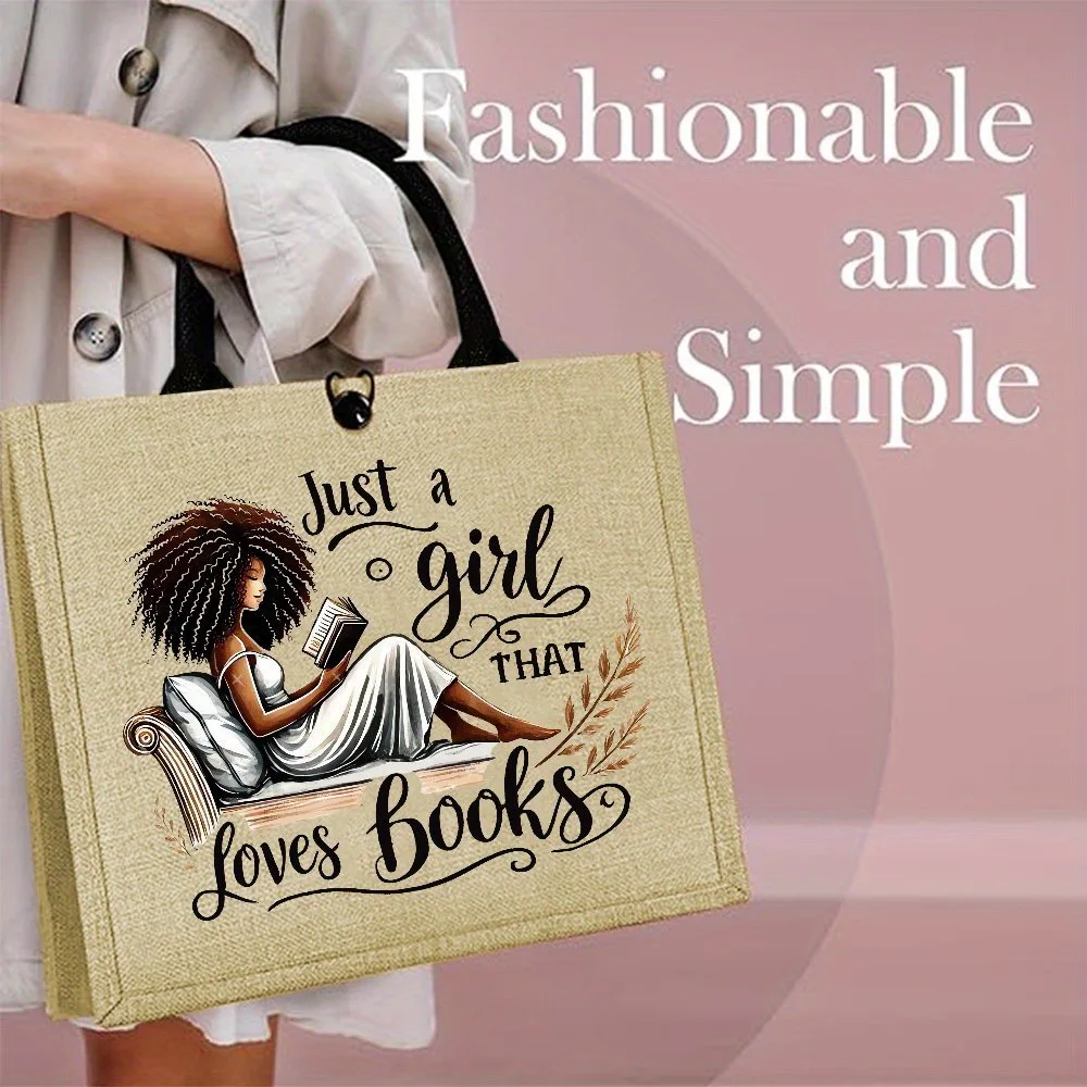 Just A Girl That Loves Books Linen Tote Bag Reading Lady Art Print Reusable Shopping Handbag Bookworm Reader Gift Tote Bag