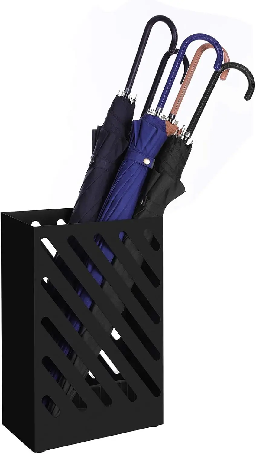 

Metal Umbrella Stand, Rectangular Umbrella Holder Rack, with a Removable Drip Tray, 4 Hooks, Hollow-Out Design, for Ent