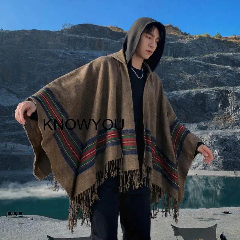 Men's Shawl Warm Artificial Cashmere Ponchos Hooded Jacket Cloaks Autumn Winter Blanket Women Male Coat Blanket Pashmina