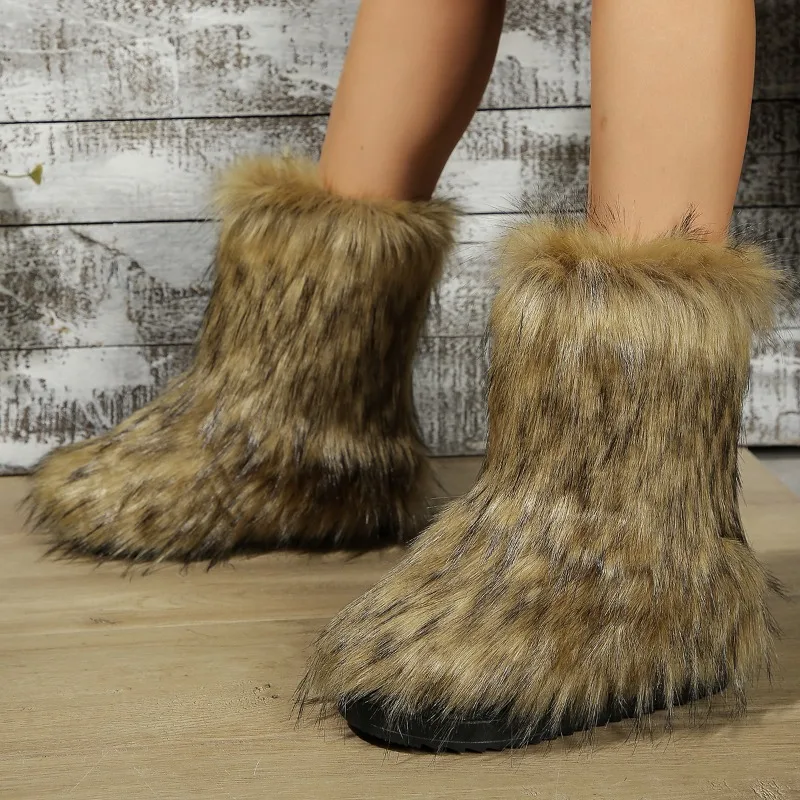 New Winter Fashion Women's Plush Boots Faux Fur Warm and Comfortable Thick Soled Knee-High Boots Furry Cute Outdoor Snow Boots