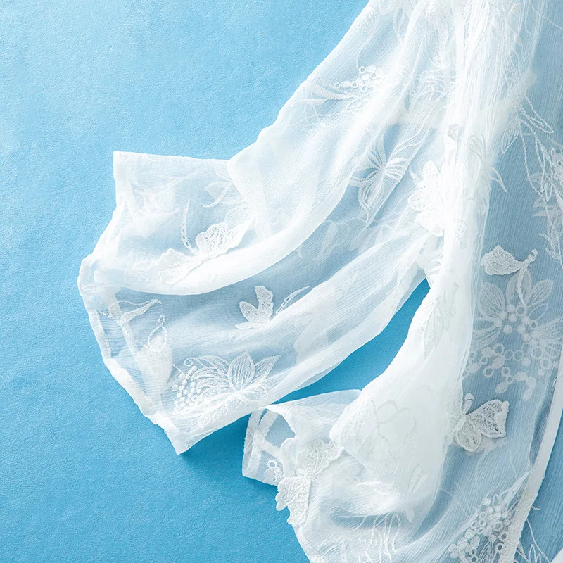 Winsleter-dames 100% echte zijde elegante zonnebrandcrème tops, borduursel met lange mouwen, fee losse zonneschermjas, 2025 zomer C55757CC