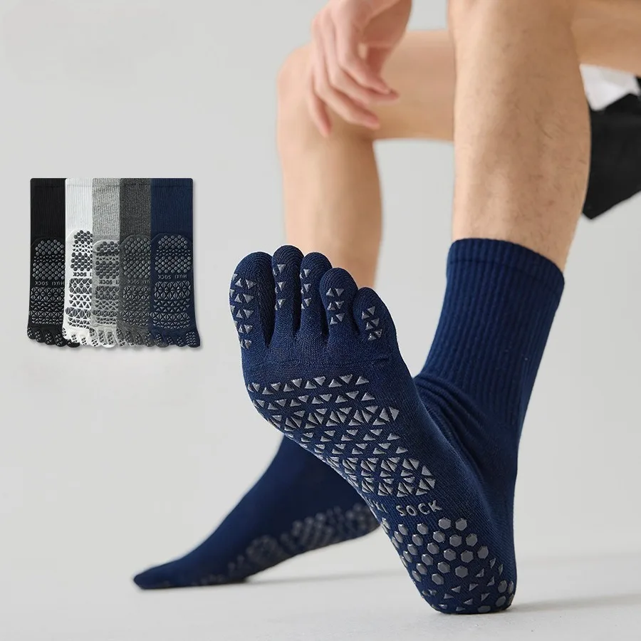 Men's Mid-Calf Yoga Socks with Five Fingers Non-Slip Professional Pilates Sport Indoor Floor Socks for Men