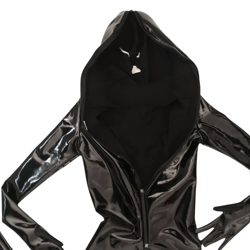 3D Stereoscopic Chest Open Jumpsuit Zentai Role-Playing Wrapped Completely Bodysuit Hooded Zipper Crotch Shiny Leather Leotard
