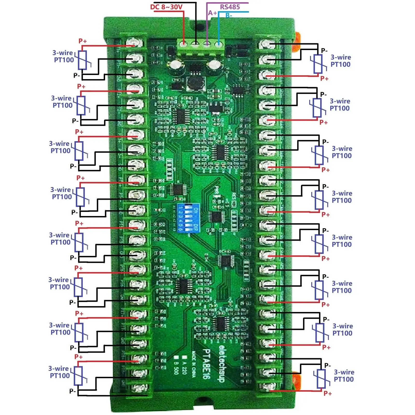 16 CH RS485 PLC Analog Input PT100 RTD Temperature Sensor Collector for Lithium