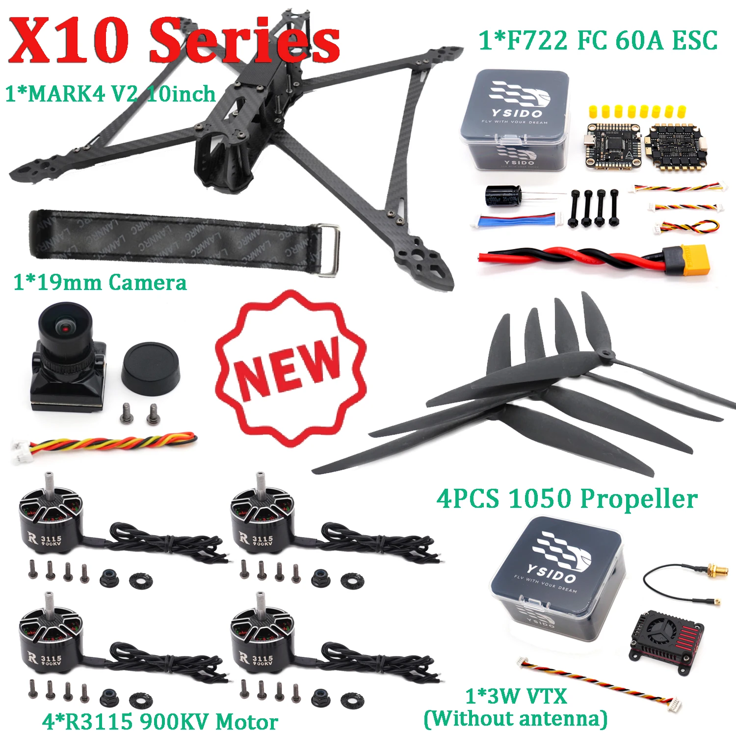 

X10 Mark4 V2 10inch 427mm Frame 3115 900KV Motor F722 Flight Control 60A ESC 19mm Camera Propeller ELRS Antenna for RC FPV Drone
