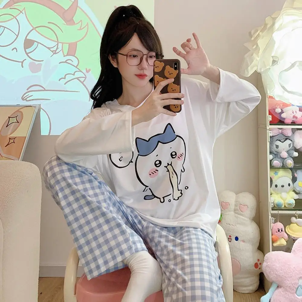 2Pcs Kawaii Chiikawa Women Lounge Clothes Pajamas Suit Anime Cotton Spring Long Sleeves Pants Sleepwear Girls Student Homewear