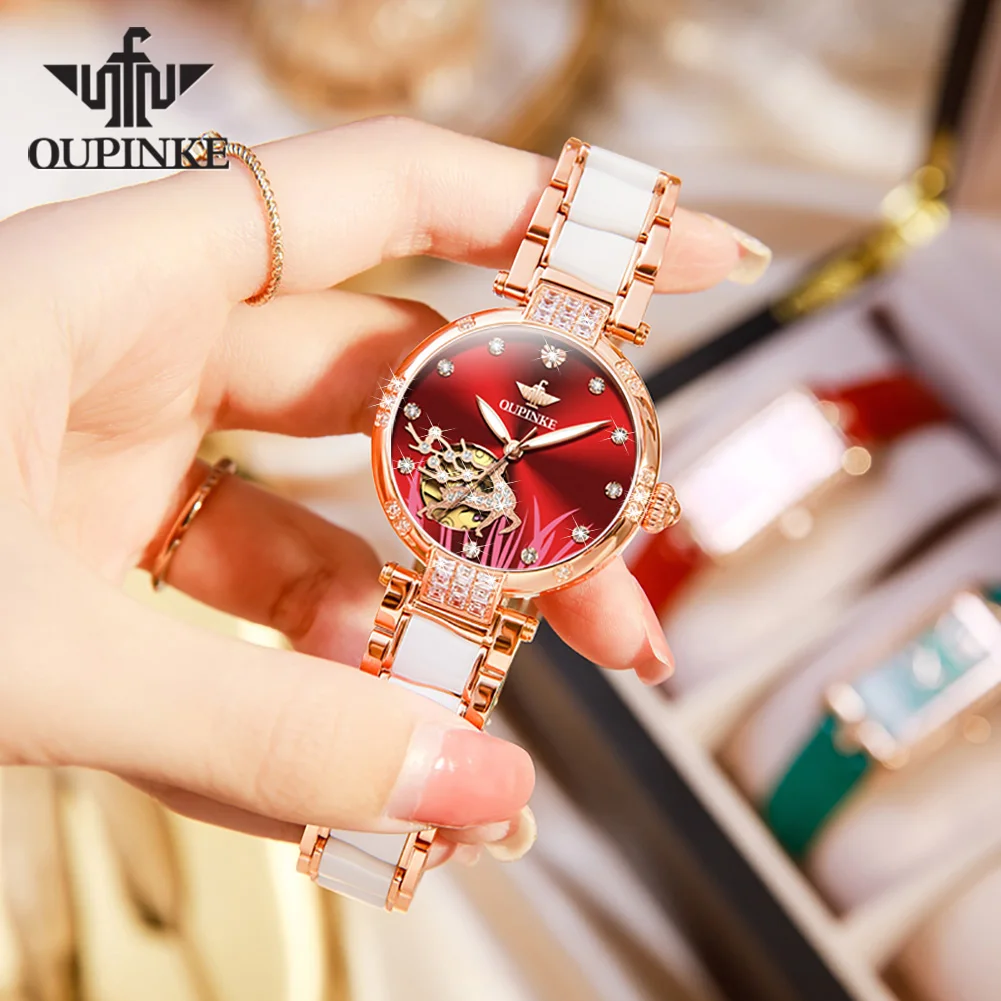 OUPINKE Automatic Mechanical Watch For Women Japan Movement Sapphire Mirror Ceramic Strap Ladies Wristwatch Gifts Reloj Mujer