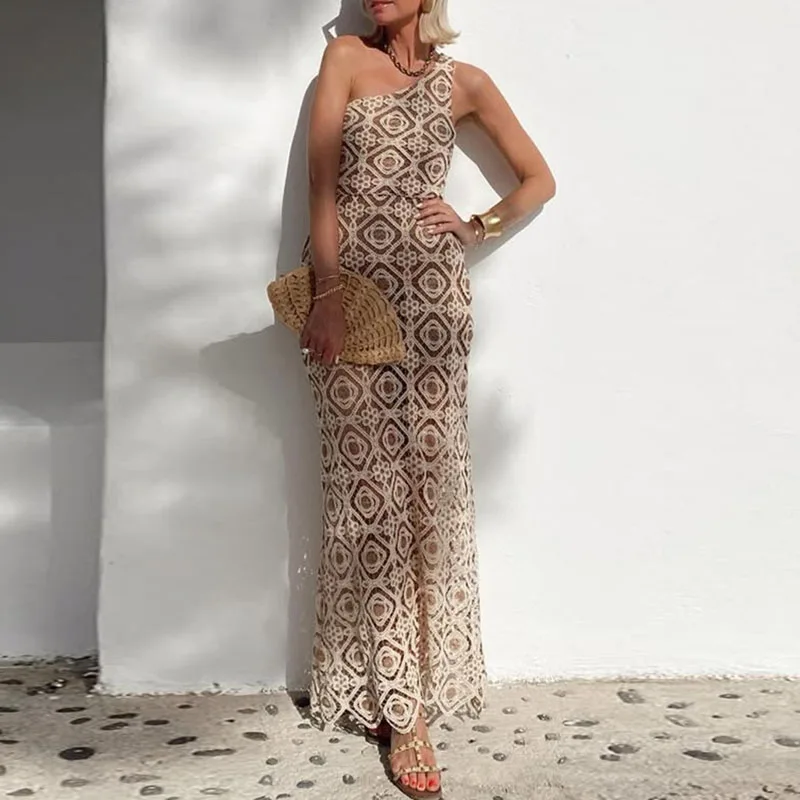 Robes pour femmes printemps nouvelle épaule inclinée dos nu Jacquard robe longue été creux sans manches imprimé dentelle tricot robe au Crochet