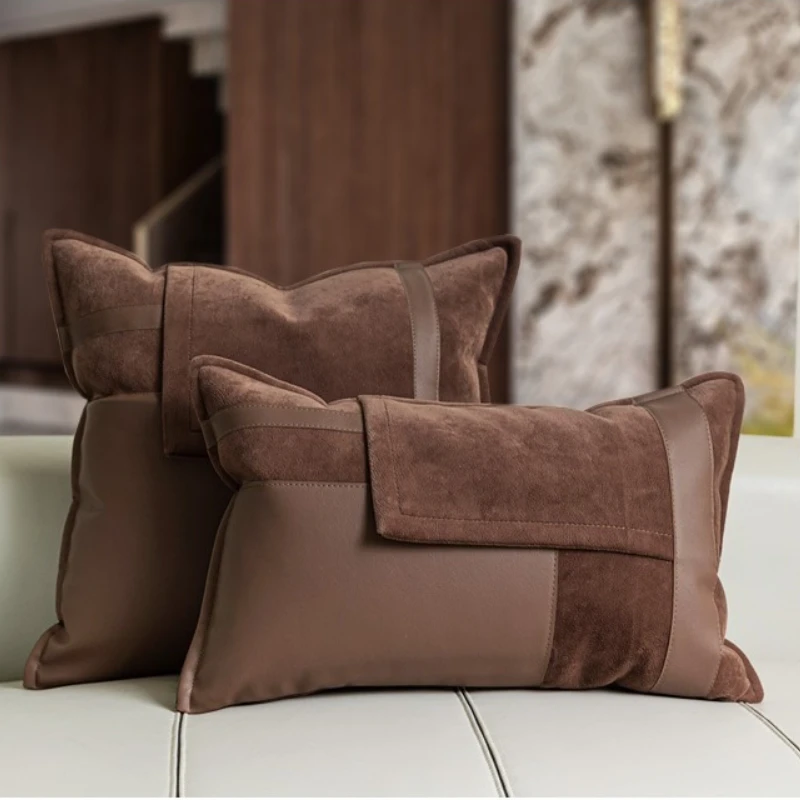 

Hotel and guesthouse sofa decorative pillowcase, modern light luxury brown coffee PU leather patchwork pillowcase