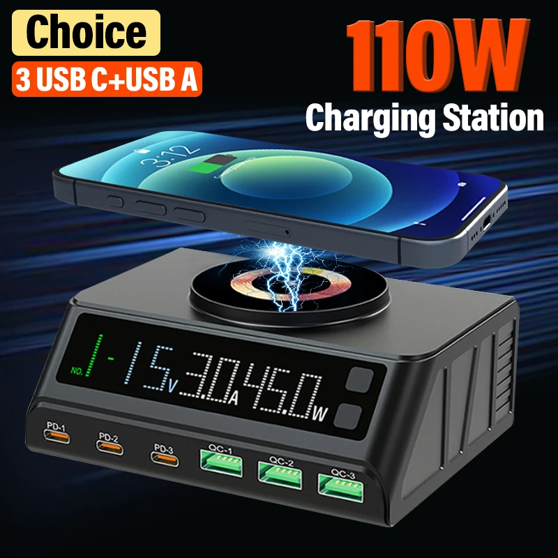 

6 Port 110W USB Charger Station Fast Magnetic Wireless Charging QC3.0 PD3.0 Quick Charge For All Phone Laptop iPhone iPad Xiaomi